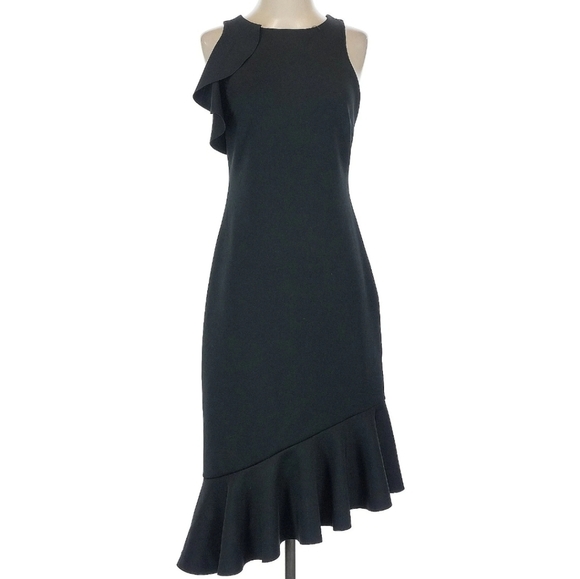 Banana Republic Black Asymmetrical Flounce Dress Scuba Midi Size 12 NWT - Picture 2 of 14